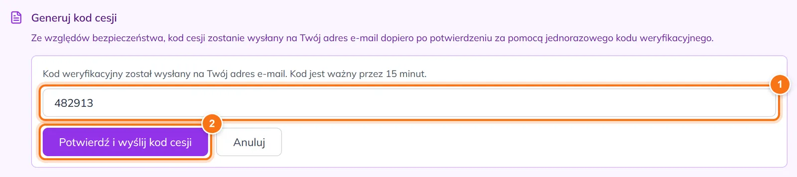 Pole na 6-cyfrowy kod weryfikacyjny z wpisanym kodem i przyciskiem Potwierdź i wyślij kod cesji