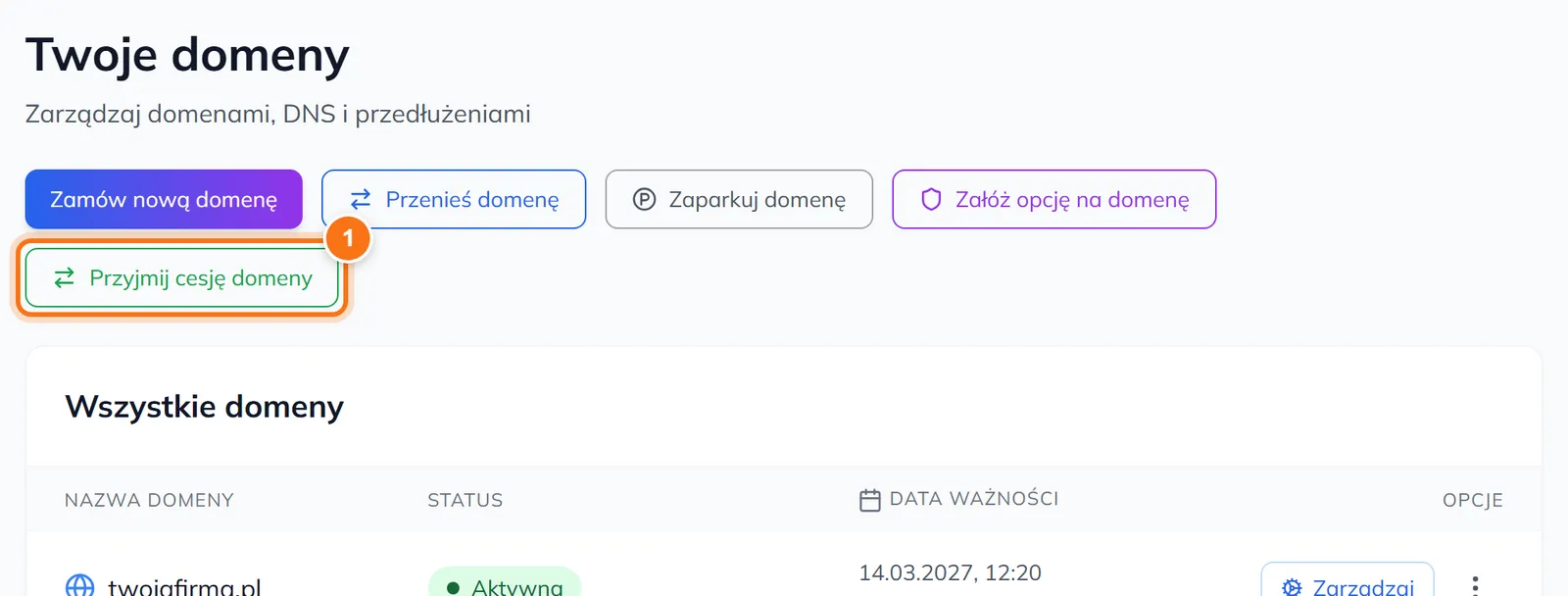Sekcja Domeny w Panelu Klienta z przyciskiem Przyjmij cesję domeny nad listą domen