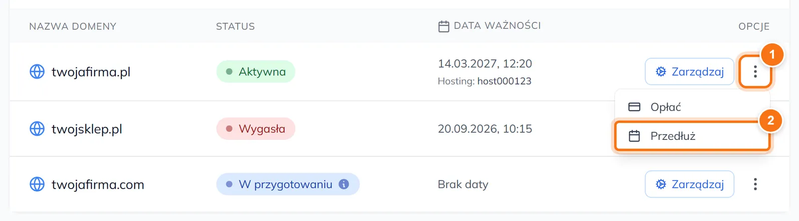Rozwinięte menu trzech kropek przy domenie z opcjami Opłać i Przedłuż