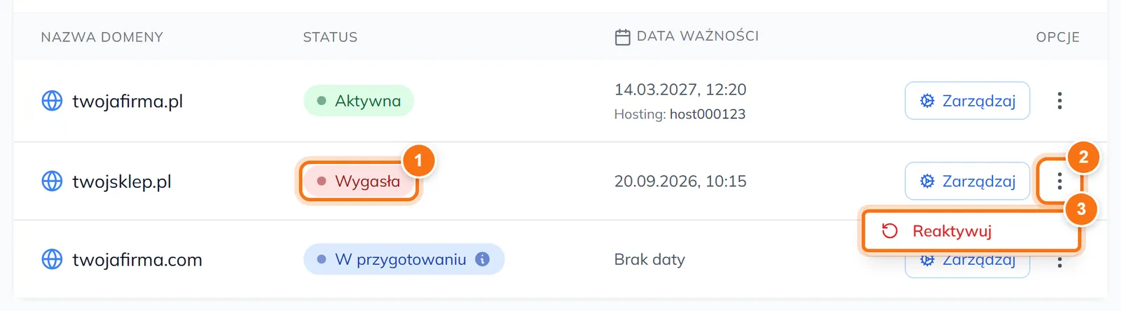 Lista domen z wygasłą domeną twojsklep.pl i rozwiniętym menu z opcją Reaktywuj