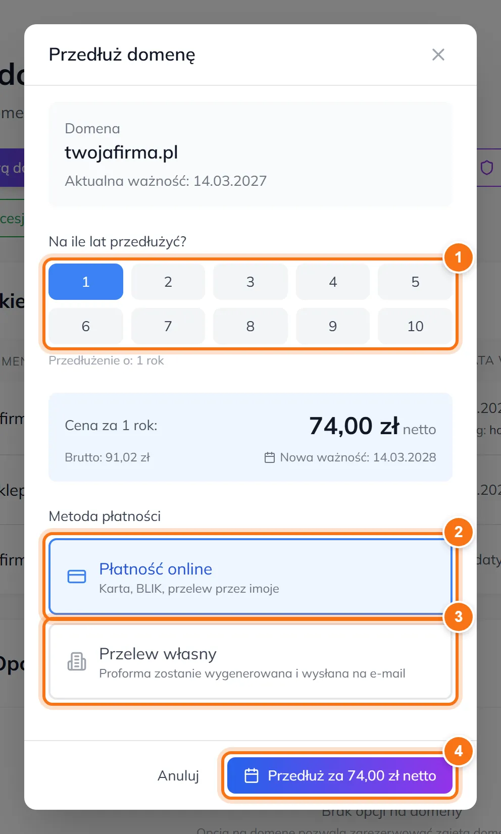 Okno Przedłuż domenę z wyborem liczby lat, ceną oraz metodami płatności Płatność online i Przelew własny