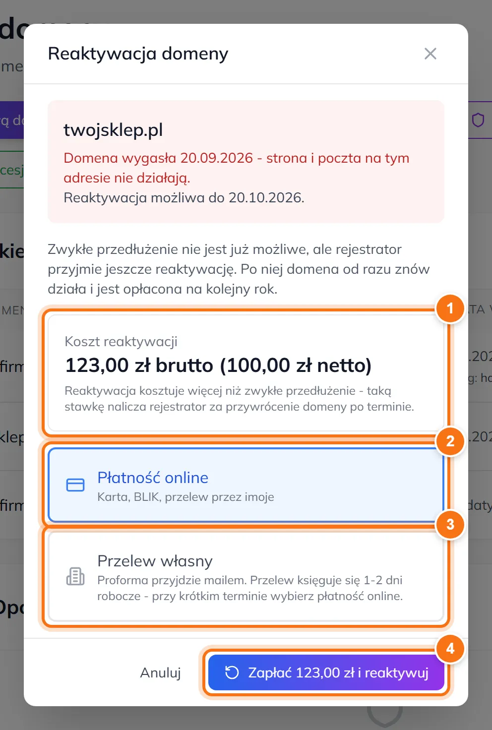 Okno Reaktywacja domeny z datą wygaśnięcia, terminem reaktywacji, kosztem 123 zł brutto i przyciskiem Zapłać i reaktywuj