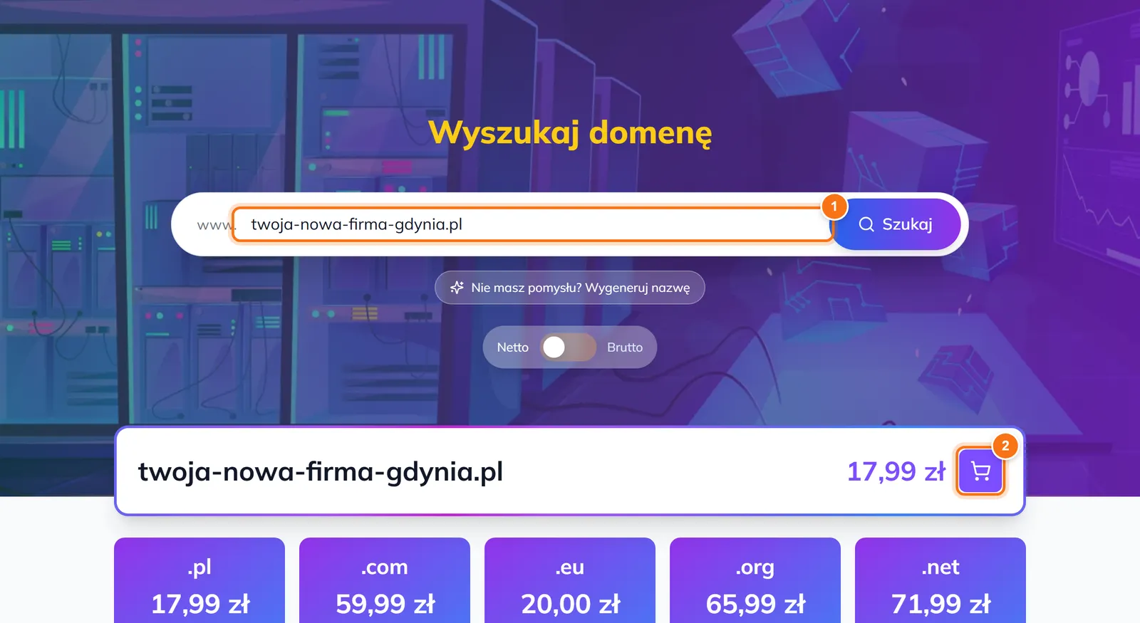 Wyszukiwarka domen z wpisaną nazwą, wynikiem z ceną 17,99 zł i przyciskiem dodania do koszyka oraz kafelkami innych rozszerzeń
