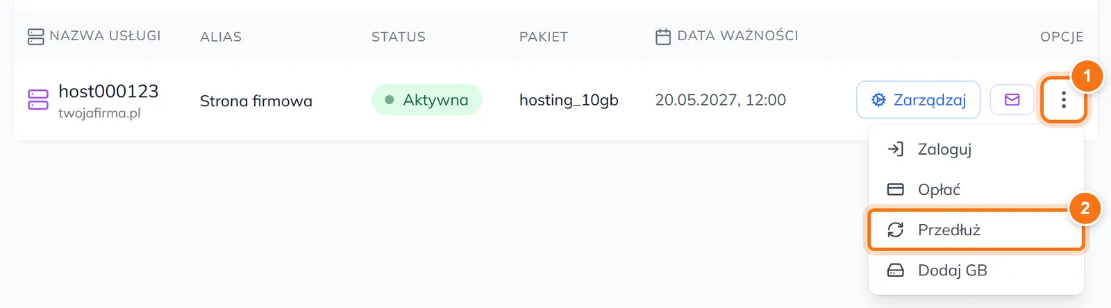 Lista hostingów z rozwiniętym menu: Zaloguj, Opłać, Przedłuż, Dodaj GB