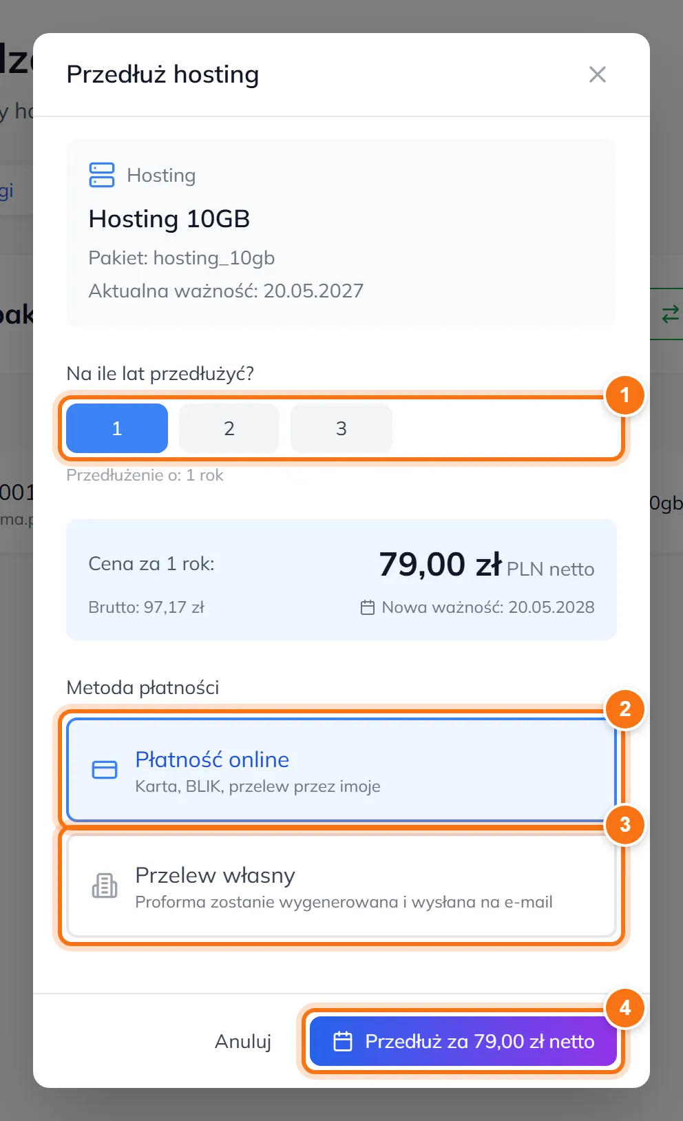 Okno Przedłuż hosting z wyborem lat od 1 do 10, ceną netto, metodami płatności i przyciskiem Przedłuż