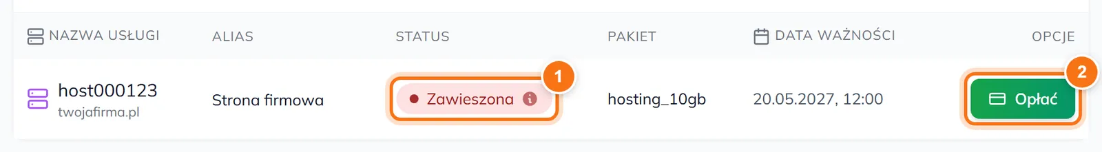 Hosting ze statusem Zawieszona i zielonym przyciskiem Opłać