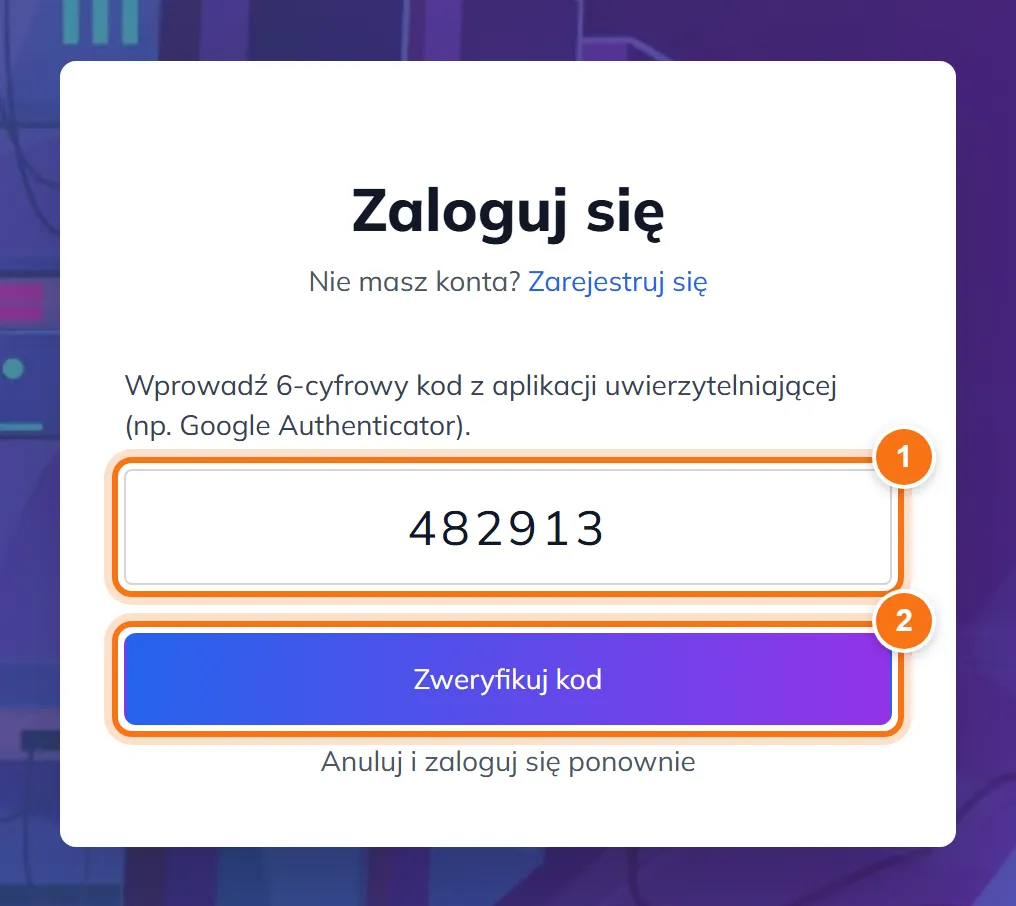 Drugi krok logowania: pole na 6-cyfrowy kod z aplikacji uwierzytelniającej i przycisk Zweryfikuj kod