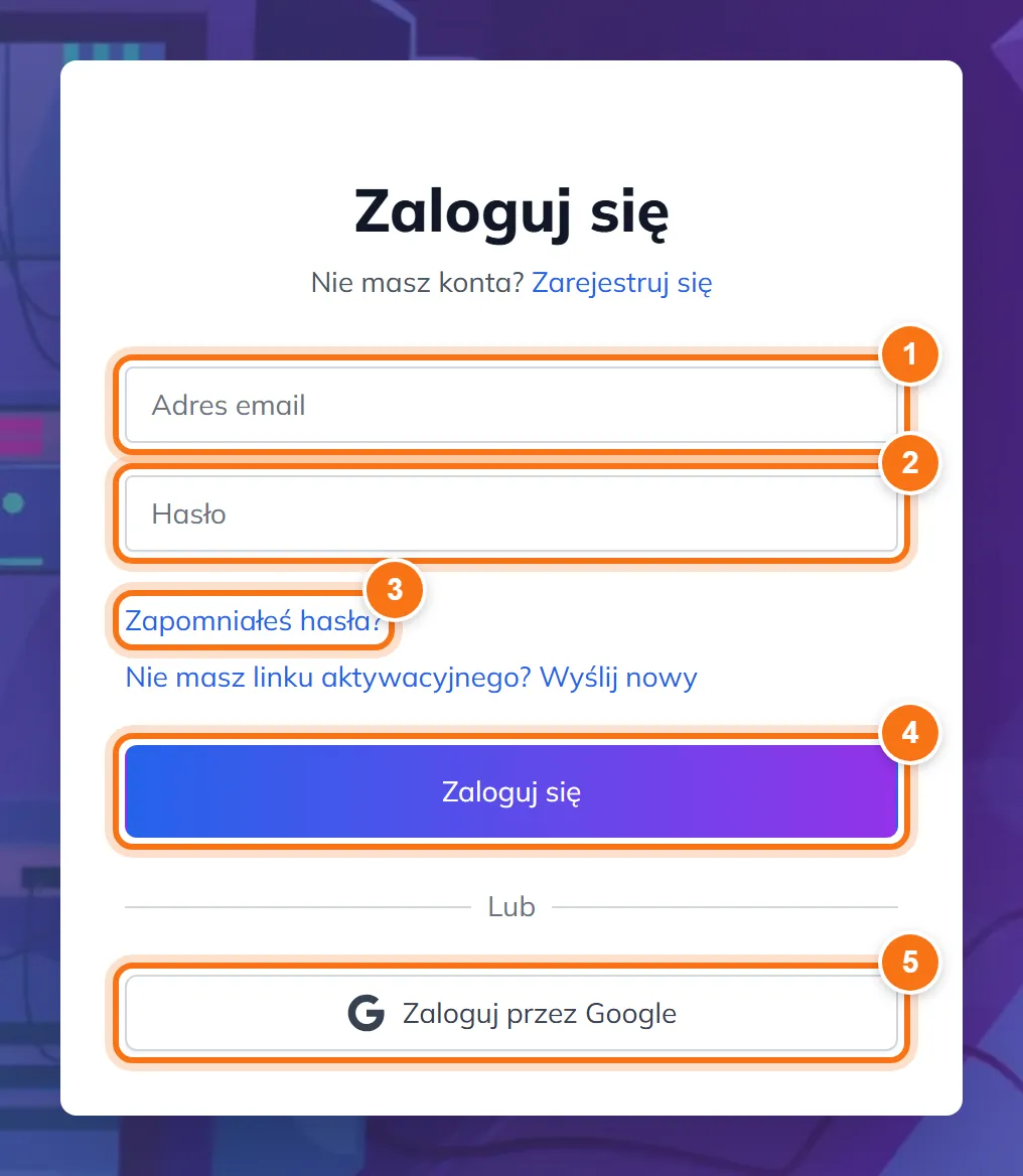 Okno Zaloguj się z polami Adres email i Hasło, odnośnikiem Zapomniałeś hasła, przyciskiem Zaloguj się i przyciskiem Zaloguj przez Google