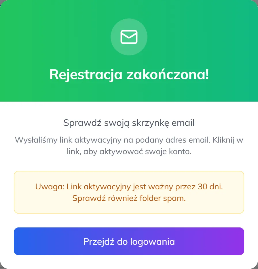 Okno Rejestracja zakończona z informacją, że link aktywacyjny jest ważny 30 dni, i przyciskiem Przejdź do logowania