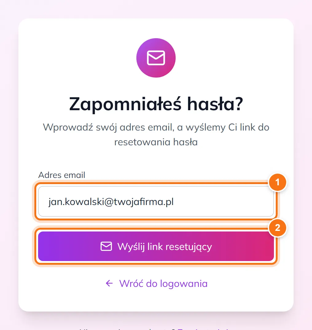 Okno Zapomniałeś hasła z polem na adres e-mail i przyciskiem Wyślij link resetujący