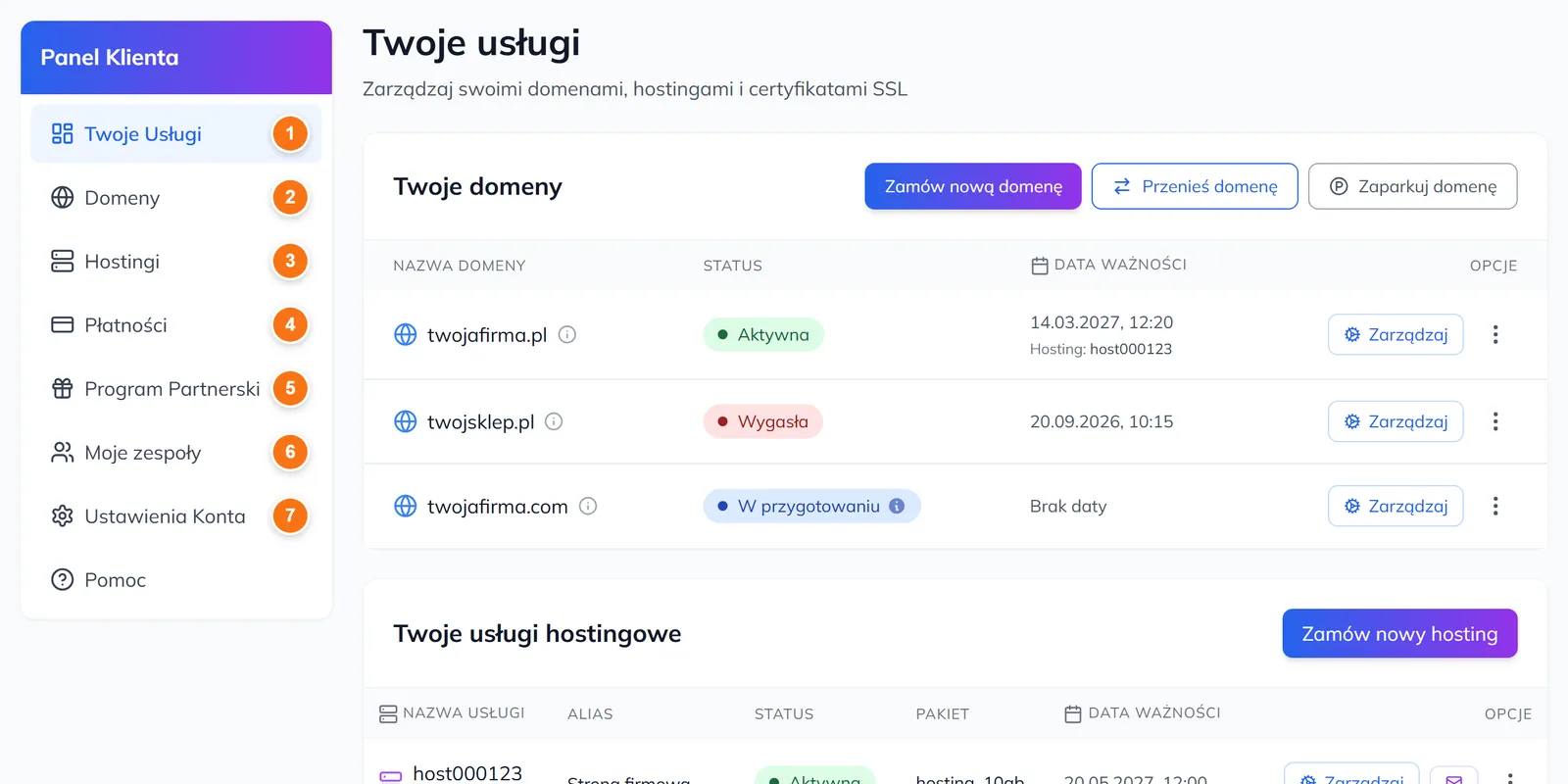 Panel Klienta z menu bocznym: Twoje Usługi, Domeny, Hostingi, Płatności, Program Partnerski, Moje zespoły, Ustawienia Konta, Pomoc oraz listą domen