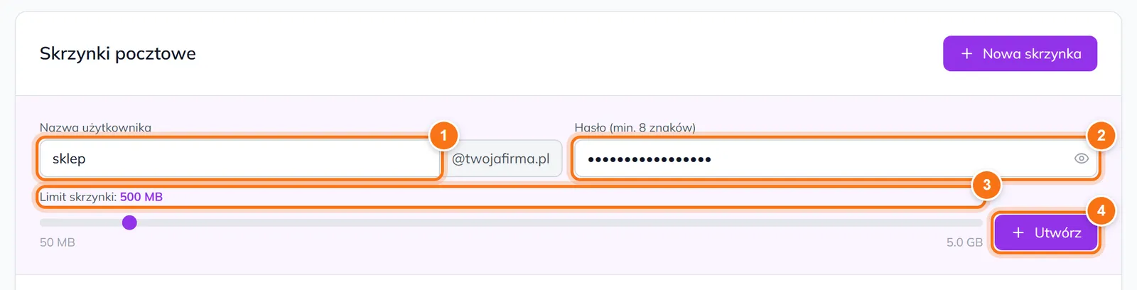 Formularz nowej skrzynki z nazwą sklep@twojafirma.pl, polem hasła, suwakiem limitu skrzynki i przyciskiem Utwórz