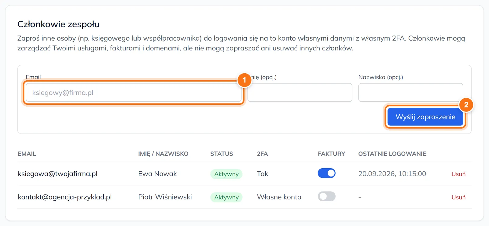 Sekcja Członkowie zespołu z formularzem zaproszenia i listą osób z przełącznikiem Faktury
